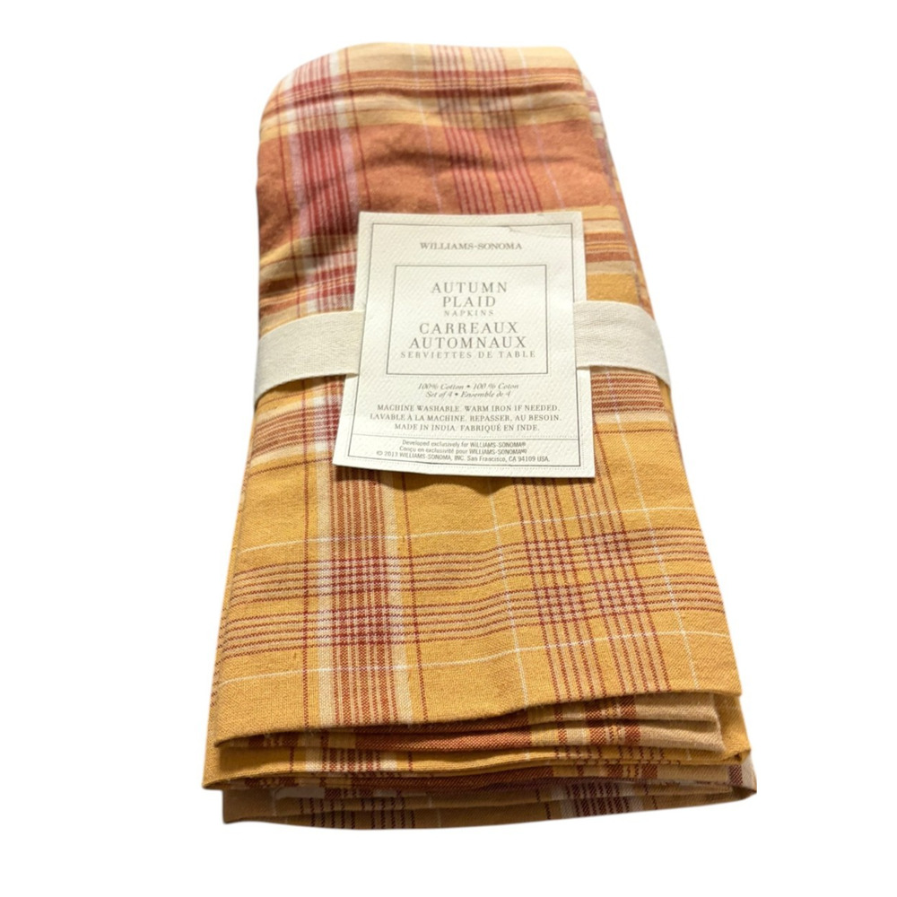 Williams Sonoma NEW Orange Red Yellow Autumn Plaid Dinner Napkins Set of 4